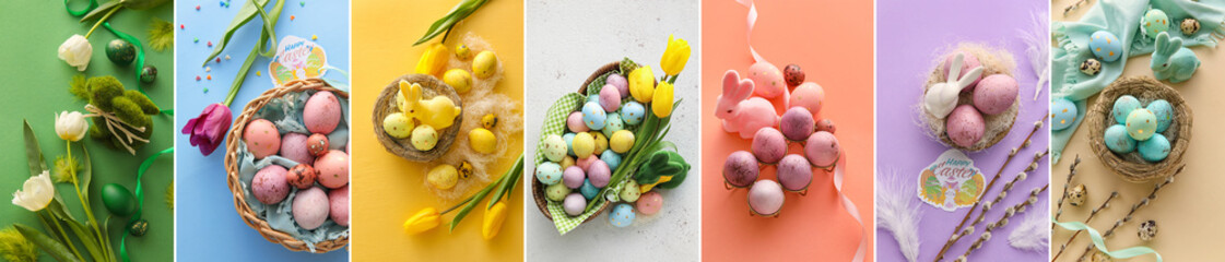 Festive collage for Easter celebration with painted eggs, bunnies and floral decor on color background, top view