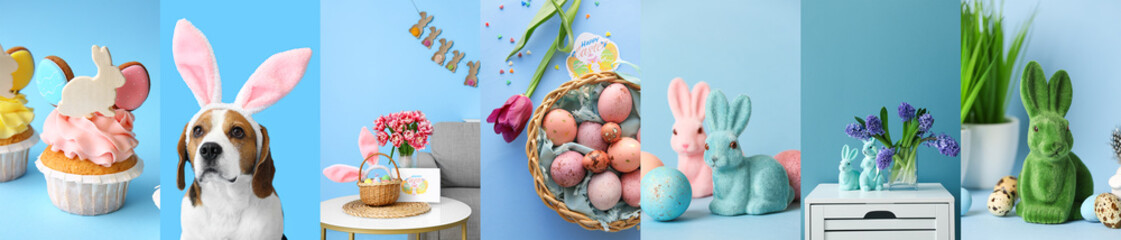 Festive collage for Easter celebration with cute dog, painted eggs, decorative bunnies and tasty cupcakes on blue background