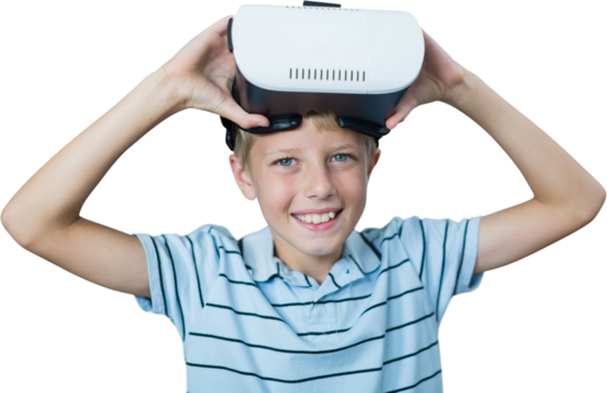 Portrait of smiling boy wearing virtual reality glasses