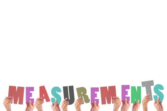 Colorful alphabet spelling measurements held up by people 