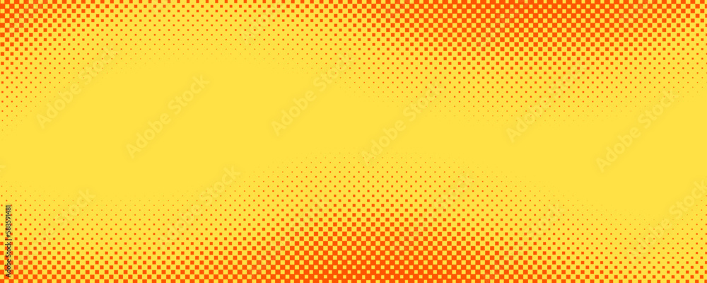 Poster yellow orange square halftone pattern. retro comic gradient background. square dot cartoon texture. 