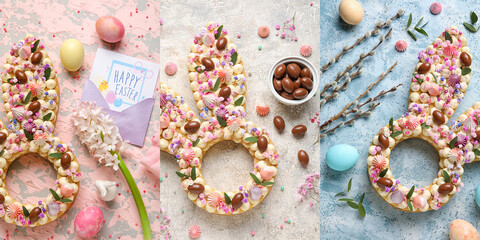 Festive collage for Easter celebration with beautiful cake on grunge background, top view