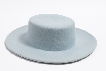 Stilish summer blue hat for women, isolated white background.