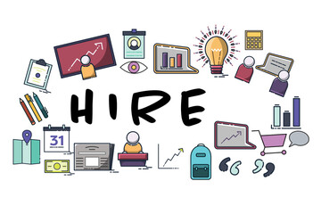 Hire text surrounded by various icons