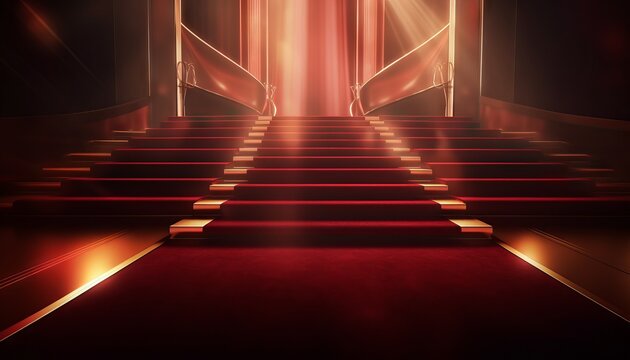 Red Carpet Bollywood Stage, Maroon Steps Spot Light Backdrop of the Golden Regal Awards. Generative ai