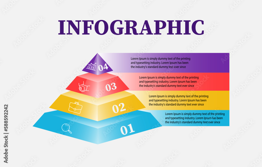 Poster the 4-option 3d pyramid infographic template that presents four options or steps through a 3d pyrami