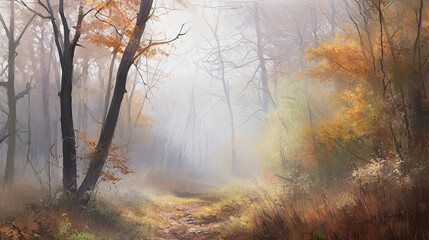 Obraz premium digital watercolor painting of a panoramic landscape of forest, generative ai technology