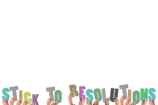 Colorful alphabet spelling stick to resolutions held up by people 