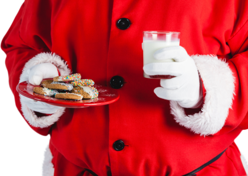 Midsection of Santa claus holding glass of milk and cookies
