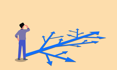 Confused Businessman Stand in a perplex complicated arrow way. Business Struggle, Career difficulty and find a way way concept. 