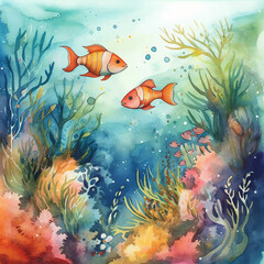 Obraz na płótnie Canvas Underwater Scenes: A beautiful watercolor illustration of a coral reef, filled with colorful fish and sea creatures, capturing the vibrancy of life under the sea. Generative AI.
