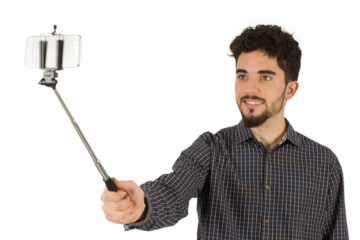Casual man using a selfie stick