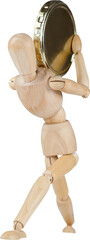 3d composite image of wooden figurine holding gold coin
