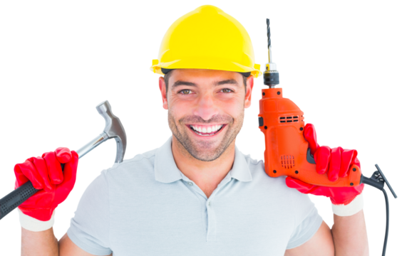 Happy repairman holding hammer and drill machine