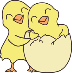 Easter Day Chicken with Egg Shell Hand Drawn Flat Illustration