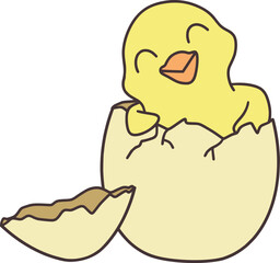 Easter Day Chicken with Egg Shell Hand Drawn Flat Illustration