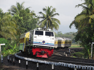 Obraz premium Train on the railway with coconut trees in the background, Indonesia