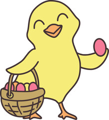 Easter Day Chicken with Egg Basket Hand Drawn Flat Illustration