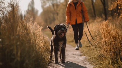 dog walking with owner, generated ai technology