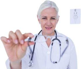 Smiling female doctor presenting eye glasses