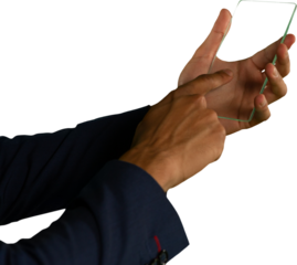 Mid section of man touching glass sheet