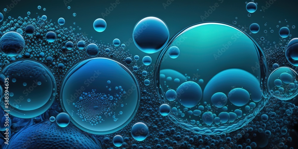 Poster blue abstract bubbles with varying textures generative ai