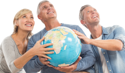 Smiling people looking up while holding globe