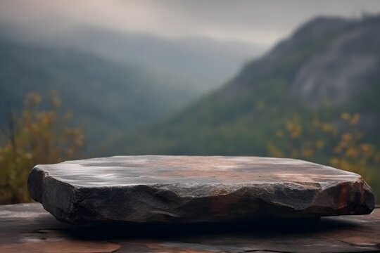 An empty stone table overlooking a cloudy mountain background with bokeh effect. Generative AI