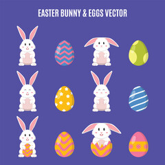 cute seamless pattern icon set with colored bunny, carrot and egg concept. happy easter spring day blue background illustration.