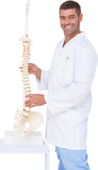 Chiropractor showing spine model to camera