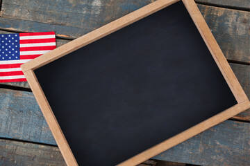 Overhead view of chalkboard with American flag
