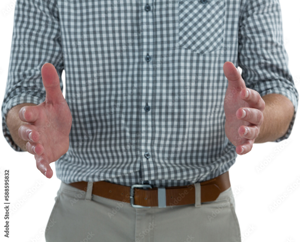 Poster man pretending to hold an invisible object