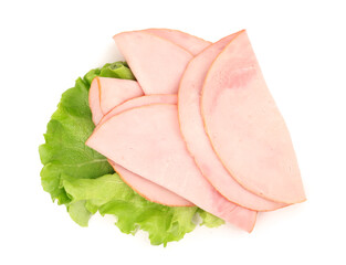 Fototapeta na wymiar Tasty slices of ham and lettuce isolated on white background