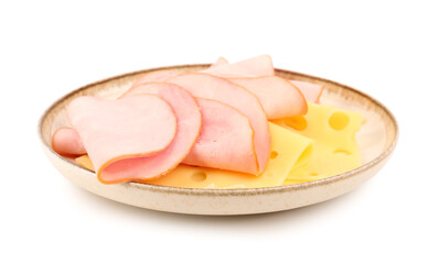 Plate with tasty slices of ham and cheese isolated on white background