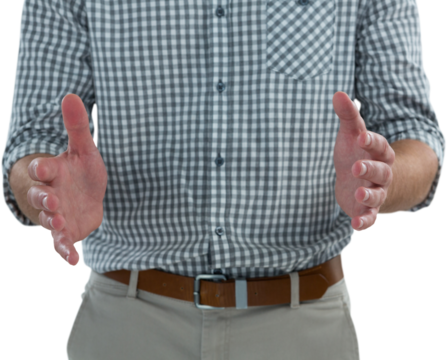 Man pretending to hold an invisible object