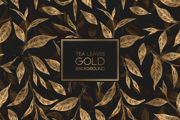 Vector seamless pattern with gold hand drawn tea leaves and branches isolated on black background. Elegant design for print, fabric, wallpaper, card, invitation, packaging