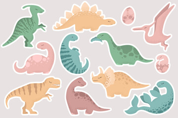 Vector stickers collection with hand drawn cartoon dinosaurs isolated on grey background. Cute dino characters for print, card, stationery, nursery decoration