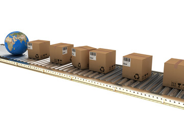Brown cardboard boxes and globe on conveyor belt