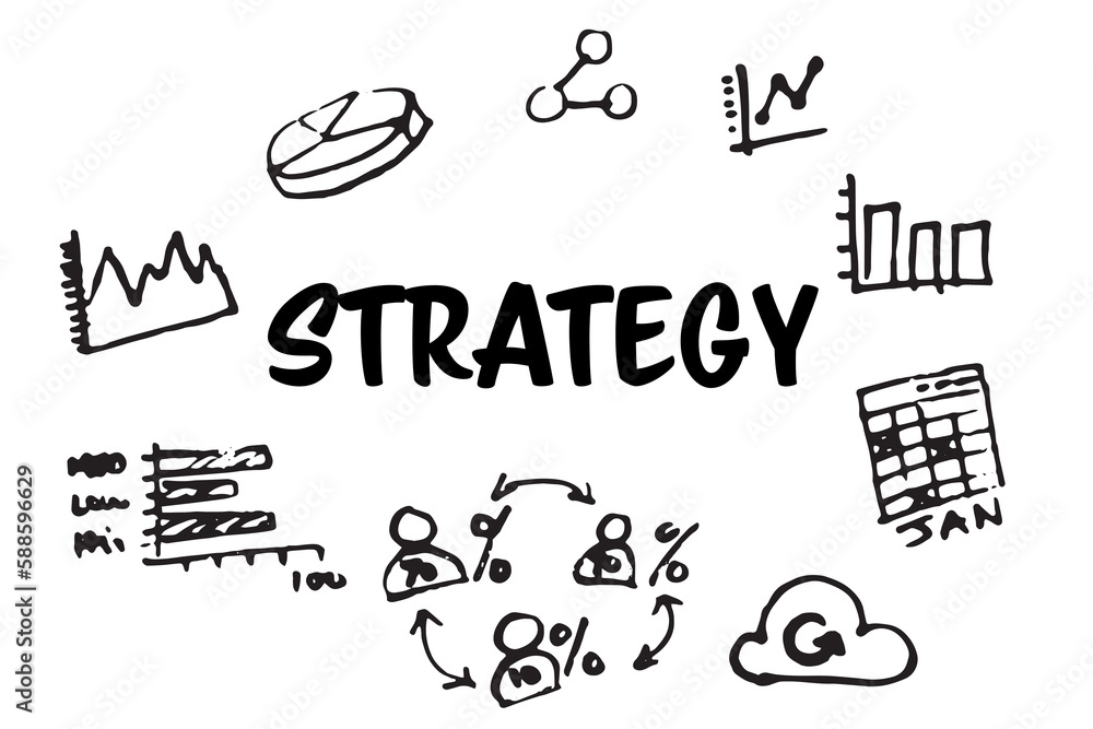 Poster strategy text surrounded by various vector icons