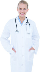 Portrait of smiling female doctor standing hands in pockets