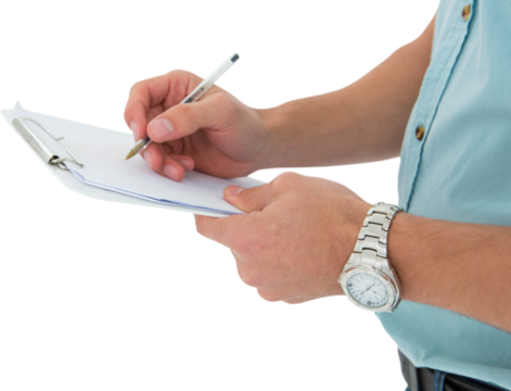 Delivery man writing on clipboard