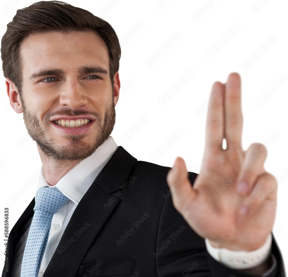 Poster smiling businessman touching invisible interface