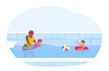 woman coach trainer instructor teach a little girl to swim. swimming pool learning class vector illustration