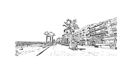 Building view with landmark of Quarteira is the municipality in Portugal. Hand drawn sketch illustration in vector.