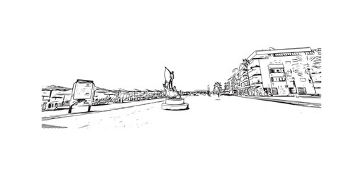 Building view with landmark of Quarteira is the municipality in Portugal. Hand drawn sketch illustration in vector.