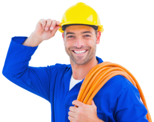 Confident repairman wearing hard hat while holding wire roll
