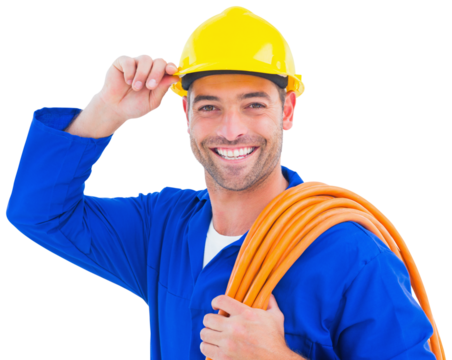 Confident repairman wearing hard hat while holding wire roll
