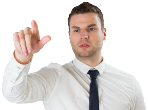 Young serious businessman pointing  - Powered by Adobe