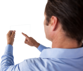 High angle view of businessman using glass interface