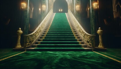 Green Carpet Bollywood Stage, Green Steps Spot Light Backdrop of the Golden Regal Awards. Generative ai